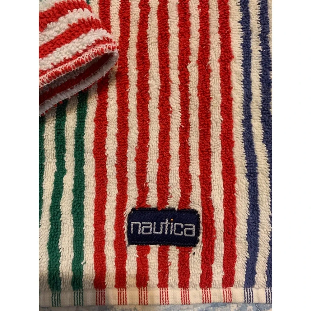 Nautica Pin Striped Bath Towel + Washcloth 100% Cotton Red Blue Yellow Green USA
